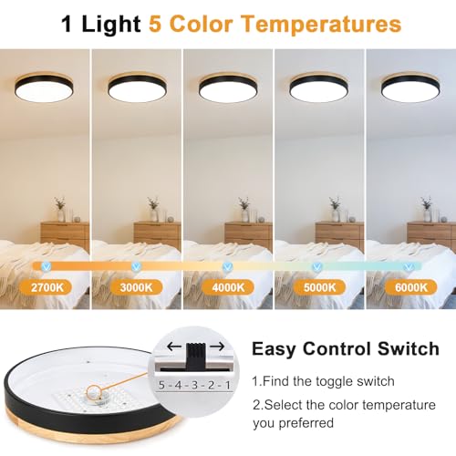 Modern LED Wood Black Round Flush Mount Ceiling Light 15.74 Inch