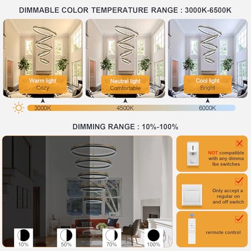 5 Rings Modern LED Chandelier Black Gold Dimmable Large High Ceiling Chandeliers Foyer