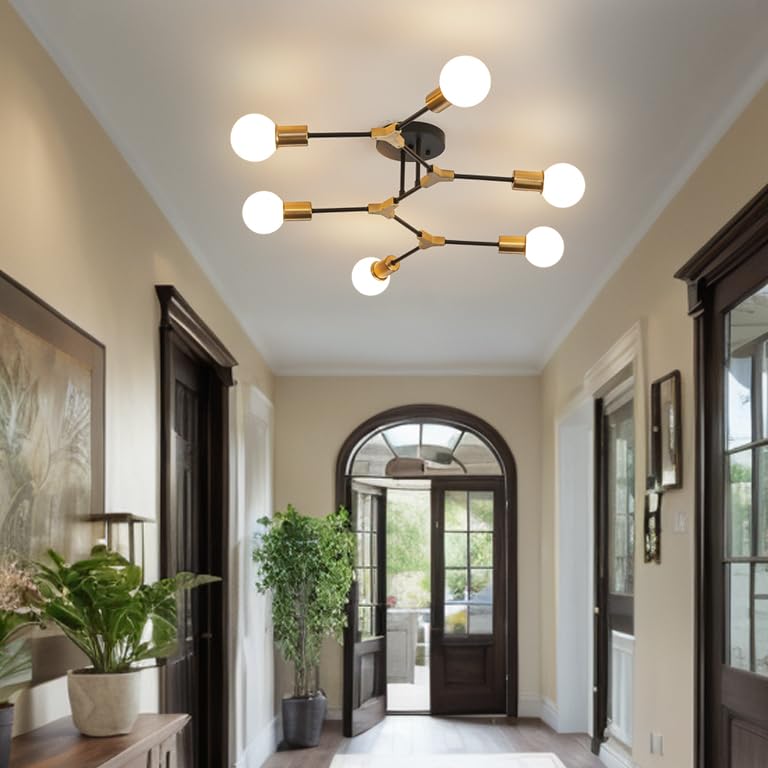 Mid Century Gold and black Sputnik Semi Flush Mount Ceiling Light Fixture