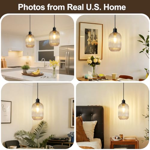 2 Pack Pendant Lights with Vintage Amber Ribbed Glass Lampshade (2 Count)