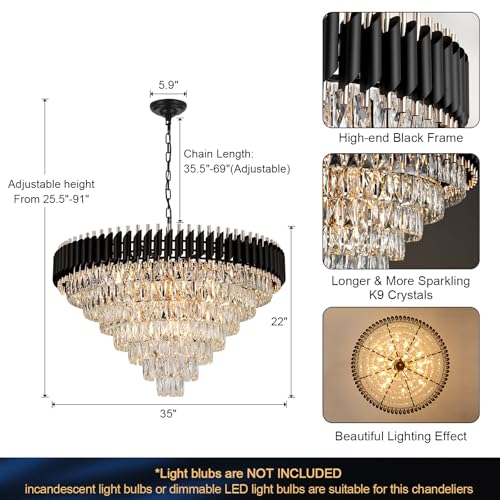 Modern Black and Gold Crystal Chandelier 35" Large Light for High Ceiling