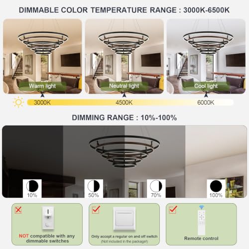 5 Rings LED Chandelier Black Dimmable Circular Pendant Light for Dining Room