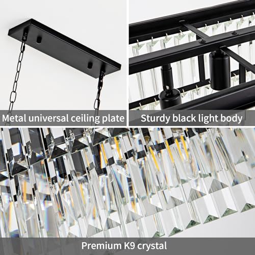 Black Crystal Chandelier for Dining Room Light Fixture Rectangle Modern Farmhouse Chandelier Contemporary Pendant for Kitchen Island Living Room Long Chandelier Rectangular Lighting