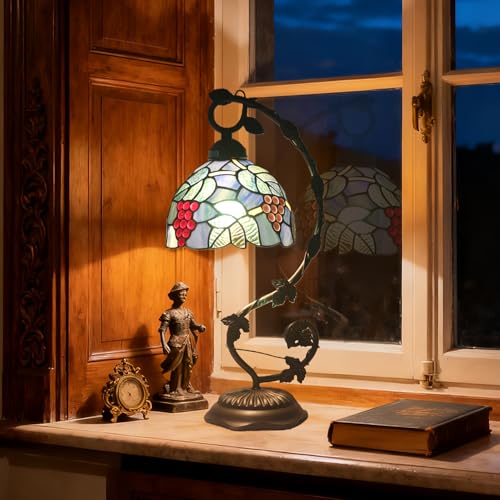 Tiffany Style Table Lamp Tulip Style Stained Glass Desk Light 8x10x21 Inch Bronze Metal Leaf Base Vintage Art Deco Desk Lamp for Bedroom