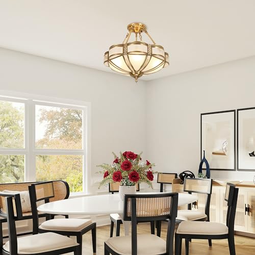 Brass Semi Flush Mount Ceiling Light Fixture with Ceramic Light Socket