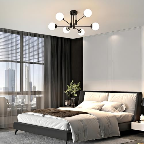 Black Sputnik Ceiling Light Fixture 6 Light with Milk White Glass Shade