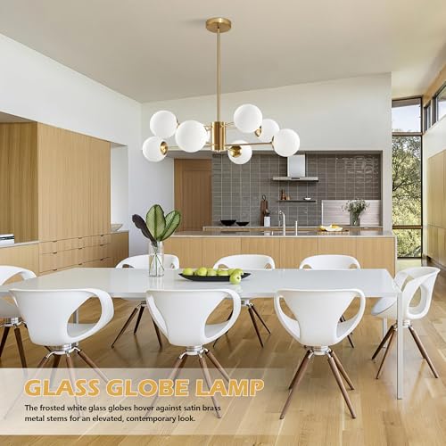8 Light Globe Sputnik Chandelier Gold Mid Century Modern Light Fixture Brushed Brass Finished with White Frosted Globe Glass Lampshade Sputnik Chandeliers for Dining Room Kitchen Island Bedroom
