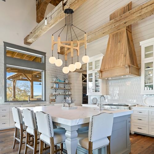 Natural 6 Light Wooden Chandelier with Milk Glass Globe L28 Inch