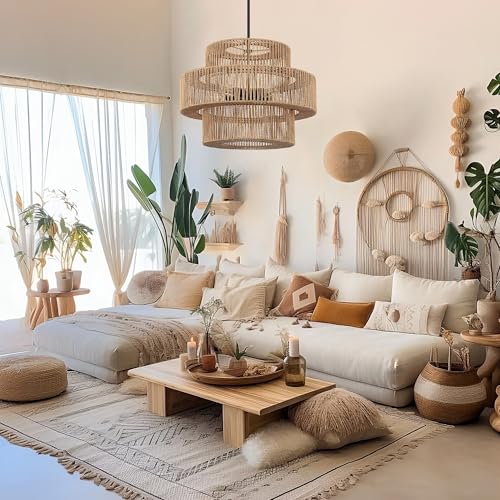 22" Boho Hand Woven Rattan Chandelier Light Fixtures for Dining Room