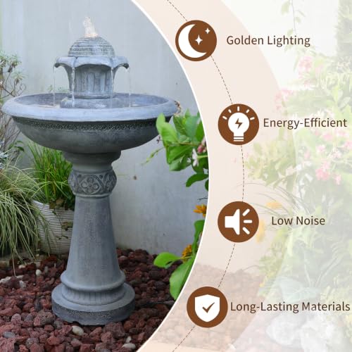 39.1H 2 Tier Outdoor Water Fountain with LED Lights Large Italian Resin Garden Fountain for Patio Yard Cascading Waterfall Feature with Quiet Pump Gray