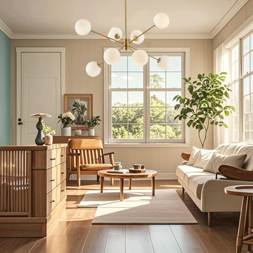 8 Lights Gold Globe Sputnik Chandelier Vintage Milk Glass Chandelier Light Fixture Large Modern Sputnik Pendant Lights Kitchen Island Mid Century Brushed Brass Bedroom Ball Hanging