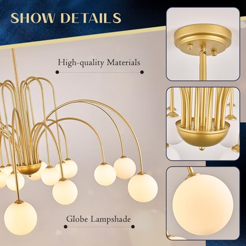 Gold Sputnik Chandelier with Milk Glass Globe 18 Lights L59 Inch