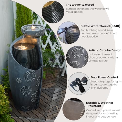 Outdoor Water Fountain Feature Indoor Garden Large Jar Floor Standing Fountains Waterfall with LED Light & Pump for Home Decor Office Yard Patio Deck Porch