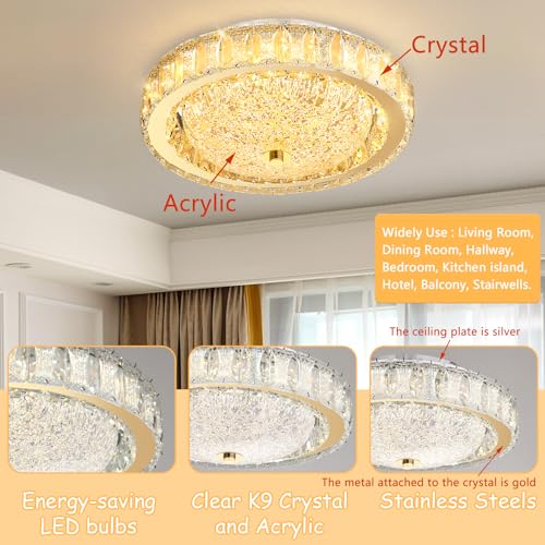 11.8" Modern Mini Crystal Chandelier Dimmable LED Flush Mount Ceiling Light with Remote Control for Bedroom Hallway Dining Room Gold