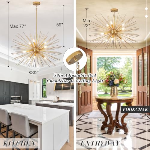 32in Gold Sputnik Chandelier Solid Metal Starburst Light Fixture 9 Light