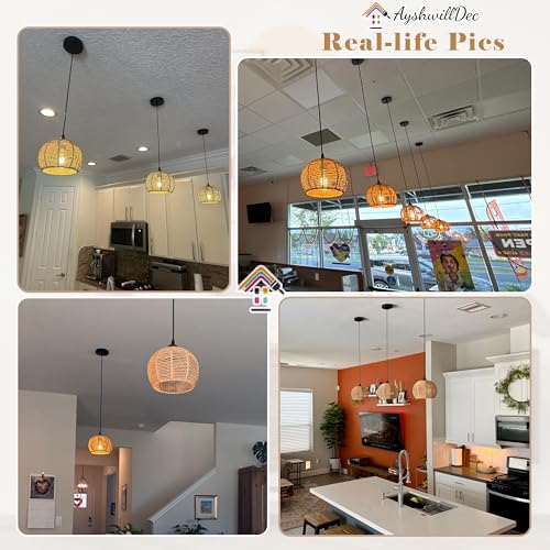 3 Pack Wicker Pendant Light Natural Woven Pendant Light Boho Chandelier Light Fixture Dome Rustic Farmhouse Pendant Lights Rattan Light Fixture for Dining Room Kitchen Island (3 Count)