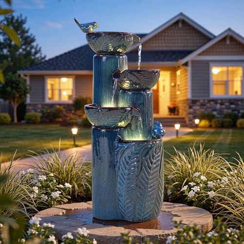 34" H Ceramic Outdoor Water Fountain with LED Lights
