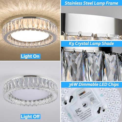15 Inch Modern Chrome Crystal Flush Mount Chandelier