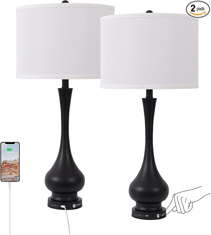 Touch Control Table Lamp Set of 2, 3-Way Dimmable Nightstand Lamp Sets with Linen Fabric Shade, Bedside Lamp with USB Port & E26 Socket, Modern Tall Table Lamp
