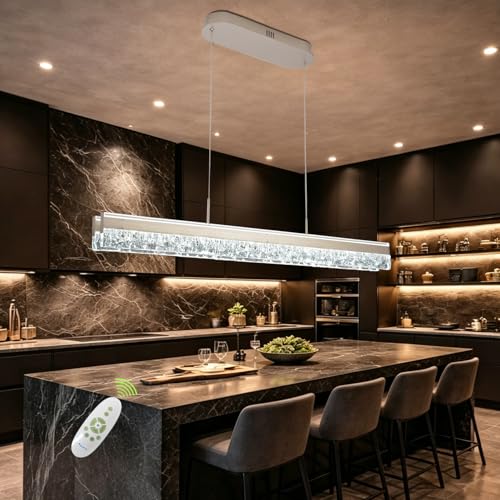 Modern Chandelier Gold Led Crystal Linear Pendant Lights Kitchen Island Lighting Minimalist Dimmable Ceiling Hanging Light Fixture Dining Room with Remote Control