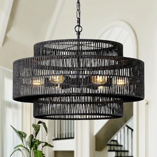 23.6" Black Large Boho Rattan Chandelier Light Fixture