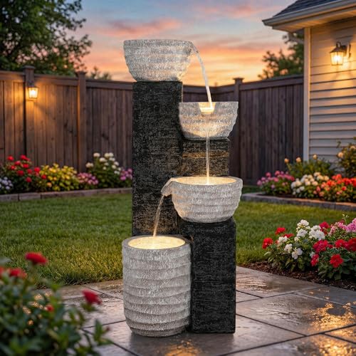 40" H Multilayer Cascading Outdoor Water Fountain with LED Lights & Pump