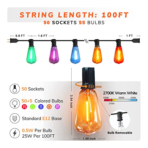 Colored Outdoor String Lights 100Ft LED Multicolor Patio Lights with 55pcs ST38 Colorful Shatterproof Bulbs Rainbow String Lights for Bistro Christmas