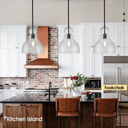 10" Seeded Glass Pendant Lights Kitchen Island Black Pendant Ceiling Light with Hand