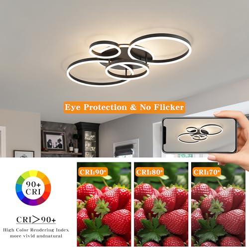 Flush Mount Modern Ceiling Light Black Led Modern Light Fixtures Ceiling Mount Lights 4 Rings Led Chandelier Lamp Fixture with Remote for Living Room Kitchen Dining Room Bedroom