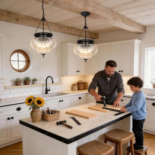 3 Light Matte Black Pendant Lights with 12In Floral Glass