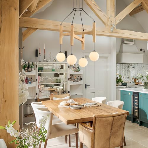Natural 4 Light Wooden Chandelier with Milk Glass Globe L24 Inch