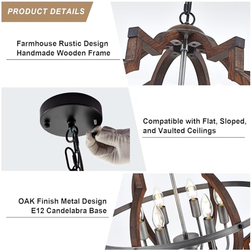 6 Light Wood Farmhouse Chandelier for Dining Room Hallway