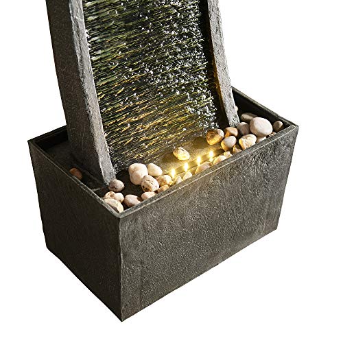 38.58 in. Modern Curved Faux Slate Waterfall Fountain for Indoors or Outdoors with LED Light Accents and 1.98