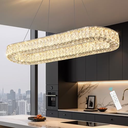 Oval Crystal Chandelier Modern Dimmable LED Chandeliers for Dining Room Rectangular Light Fixture with Remote for Living Room Kitchen Light Black