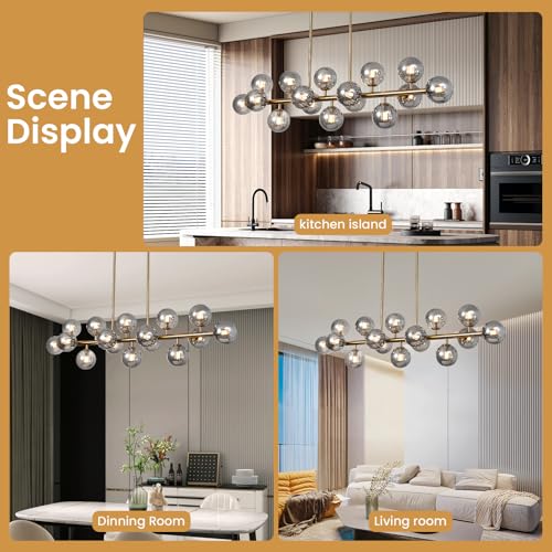 Brass Gold Rectangle Chandelier Modern Chandelier Smoke Grey Globe Glass Pendant Light Fixture Adjustable for Dining Living Room Kitchen Island Over Table 16