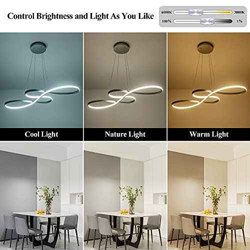 Modern LED Chandelier Dining Room Pendant Light Dimmable Creative Chandelier Remote Control Color/Brightness 3000-6000K Adjustable Hanging Lamp for Bedroom Living Room Kitchen 50W (Silver)
