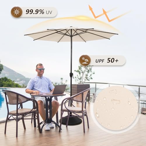 11FT Lyon Outdoor Patio Umbrella Outdoor Table Umbrella with Push Button Tilt and Crank Market Umbrella 8 Sturdy Ribs UV Protection Waterproof for Garden Deck Backyard Pool Beige
