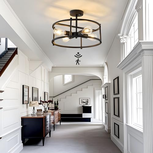 Motion Sensor Ceiling Light Indoor Industrial 4 Light Semi Flush Mout Ceiling Light Fixture Black Overhead Light for Entryway Hallway Closet Porch Front Farmhouse