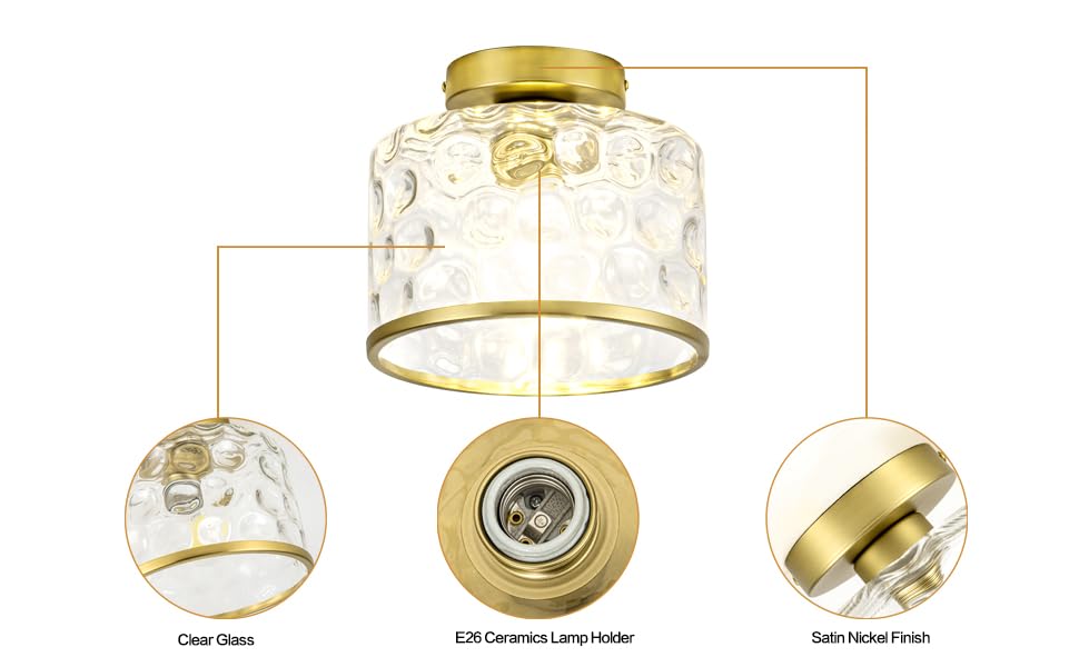 Gold Flush Mount Ceiling Light with Clear Hammered Glass lampshade