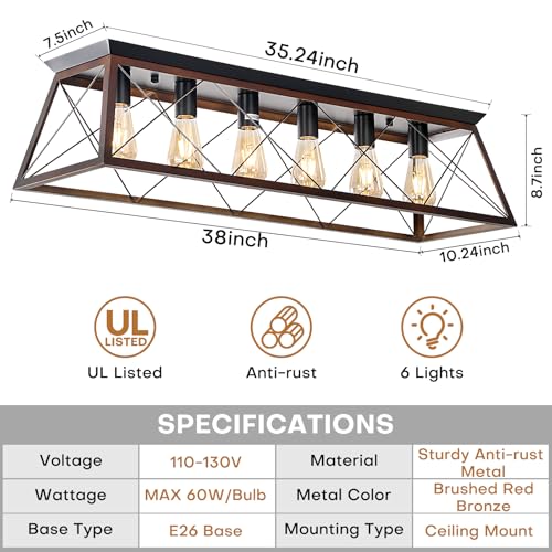 38" Large Brushed Bronze Flush Mount Ceiling Light for Kitchen