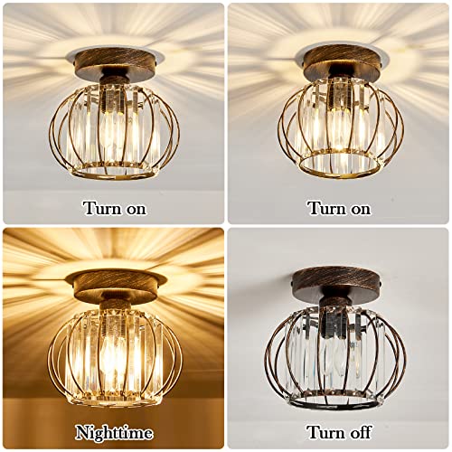 Semi Flush Mount Ceiling Light Fixture E26 Mini Crystal Chandelier Oil Rubbed Bronze Small Ceiling Lamp for Entryway Bedroom Bathroom Hallway Closet Foyer Light