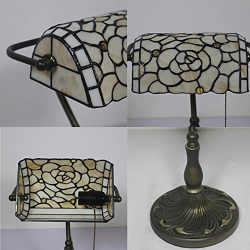 Rose Bankers Lamp Tiffany Vintage Table Lamp Stained Glass Beige Rose Lampshade Table Light Piano Desk Lamp Bedroom Bedside Lamp for Livingroom Office Study