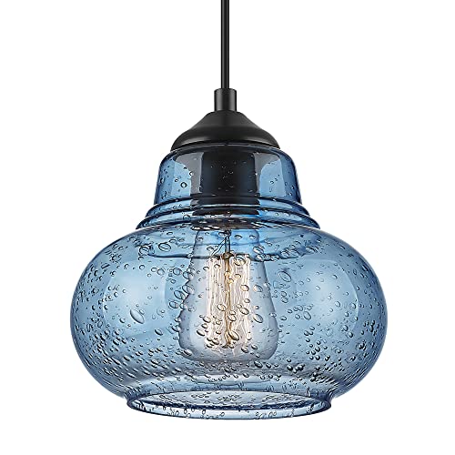 8 Inch Pendant Light for Kitchen Island Modern Blue Hand Blown Bubble Glass Pendant Lighting Hanging Light fixtures for Dining Room Bar Bedroom Living Room