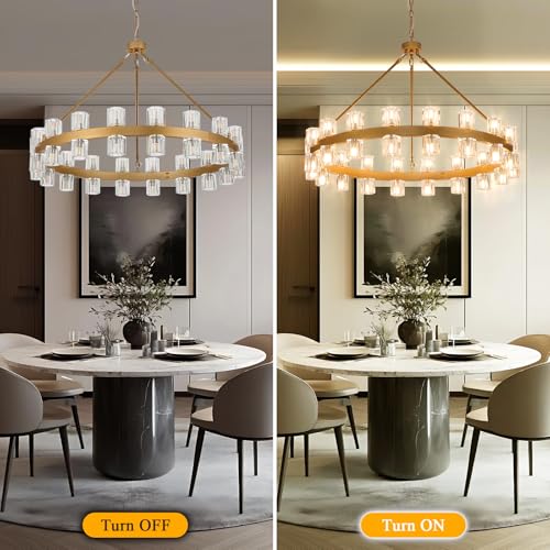 36 Inch Gold Wagon Wheel Chandelier with Crystal Shade