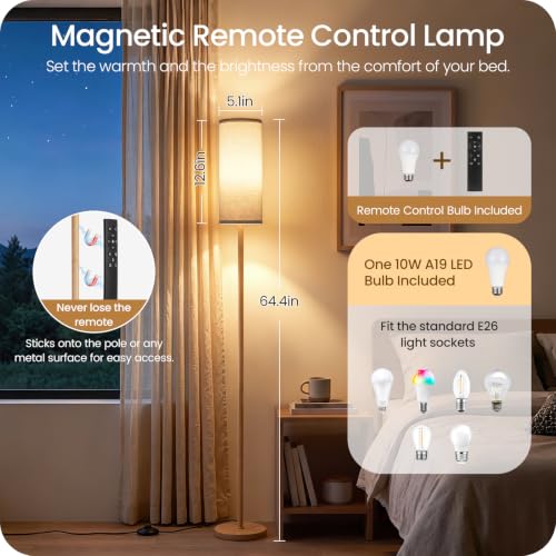 Wooden Textured Tall Slim Floor Lamp for Living Room with Remote and Foot Switch