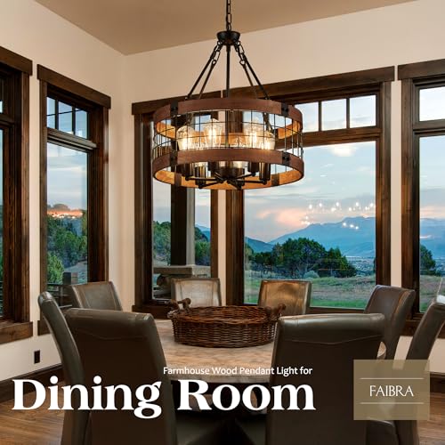 6 Light Farmhouse Drum Wood Pendant Light (6 Count)