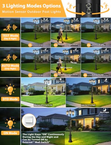 3 Head Motion Sensor Outdoor Post Lights Dusk to Dawn Pole Lights