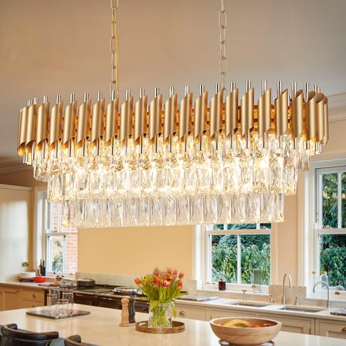 Modern Rectangular Chandelier Gold Crystal Chandeliers for Dining Room