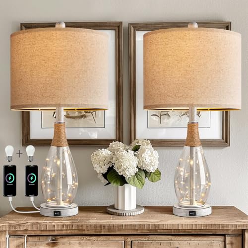 23" Table Lamps for Living Room Set of 2 Bedside Lamps for Night Stands Bedroom Lamps Farmhouse Rattan Boho Lamp Glass Nightlight End Table Lamp with USB C+A (2 Count)