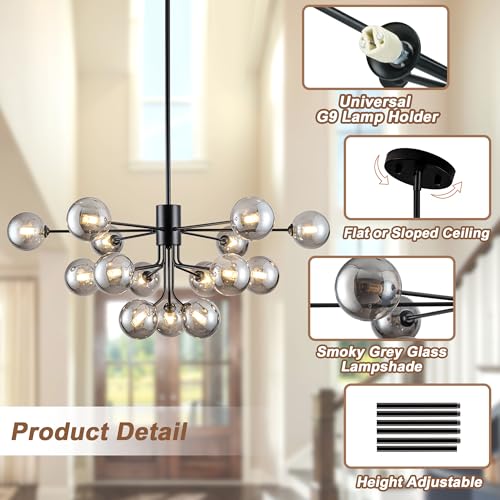 Sputnik Chandelier 15 Lights Smoked Glass Chandelier for Living Room